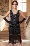 Glinsterende zwarte gouden pailletten Bodycon Scoop Neck Flapper jurk uit de jaren 1920 met franjes