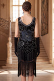 Glinsterende zwarte gouden pailletten Bodycon Scoop Neck Flapper jurk uit de jaren 1920 met franjes