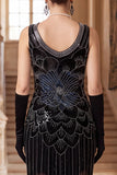 Glinsterende zwarte gouden pailletten Bodycon Scoop Neck Flapper jurk uit de jaren 1920 met franjes