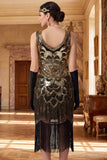 Glinsterende zwarte gouden pailletten Bodycon Scoop Neck Flapper jurk uit de jaren 1920 met franjes