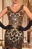 Glinsterende zwarte gouden pailletten Bodycon Scoop Neck Flapper jurk uit de jaren 1920 met franjes