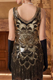 Glinsterende zwarte gouden pailletten Bodycon Scoop Neck Flapper jurk uit de jaren 1920 met franjes