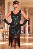 Glinsterende zwarte gouden pailletten Bodycon Scoop Neck Flapper jurk uit de jaren 1920 met franjes
