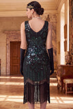 Glinsterende zwarte gouden pailletten Bodycon Scoop Neck Flapper jurk uit de jaren 1920 met franjes