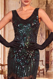 Glinsterende zwarte gouden pailletten Bodycon Scoop Neck Flapper jurk uit de jaren 1920 met franjes