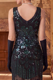 Glinsterende zwarte gouden pailletten Bodycon Scoop Neck Flapper jurk uit de jaren 1920 met franjes