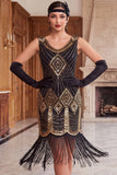 Zwarte gouden pailletten Bodycon korte flapper jurk uit de jaren 1920 met franjes