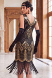Zwarte gouden pailletten Bodycon korte flapper jurk uit de jaren 1920 met franjes
