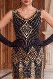Zwarte gouden pailletten Bodycon korte flapper jurk uit de jaren 1920 met franjes