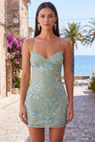 Abrikoos Bodycon Spaghetti Straps met kralen bezet korte homecoming jurk met pailletten
