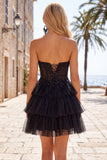 Fuchsia A Line Korset strapless gelaagde homecomingjurk met kanten applicaties