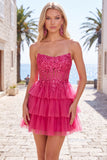 Fuchsia A Line Korset strapless gelaagde homecomingjurk met kanten applicaties