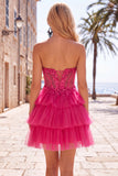 Fuchsia A Line Korset strapless gelaagde homecomingjurk met kanten applicaties