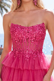 Fuchsia A Line Korset strapless gelaagde homecomingjurk met kanten applicaties