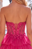 Fuchsia A Line Korset strapless gelaagde homecomingjurk met kanten applicaties
