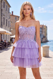 Fuchsia A Line Korset strapless gelaagde homecomingjurk met kanten applicaties