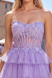 Fuchsia A Line Korset strapless gelaagde homecomingjurk met kanten applicaties