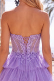Fuchsia A Line Korset strapless gelaagde homecomingjurk met kanten applicaties