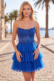 Fuchsia A Line Korset strapless gelaagde homecomingjurk met kanten applicaties
