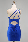 Koninklijk blauwe parelparels met één schouder gerimpelde bodycon korte homecomingjurk met kralen