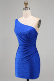 Koninklijk blauwe parelparels met één schouder gerimpelde bodycon korte homecomingjurk met kralen