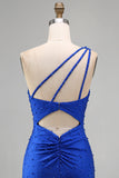 Koninklijk blauwe parelparels met één schouder gerimpelde bodycon korte homecomingjurk met kralen