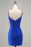 Koninklijk Blauwe Parels Korset Bodycon Korte Homecoming Jurk met kralen
