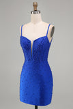 Koninklijk Blauwe Parels Korset Bodycon Korte Homecoming Jurk met kralen