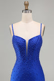 Koninklijk Blauwe Parels Korset Bodycon Korte Homecoming Jurk met kralen