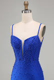 Koninklijk Blauwe Parels Korset Bodycon Korte Homecoming Jurk met kralen