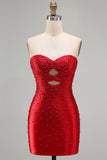 Glinsterende rode bodycon bodycon strapless homecoming jurk met parel met kralen