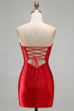 Glinsterende rode bodycon bodycon strapless homecoming jurk met parel met kralen