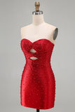 Glinsterende rode bodycon bodycon strapless homecoming jurk met parel met kralen