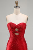 Glinsterende rode bodycon bodycon strapless homecoming jurk met parel met kralen