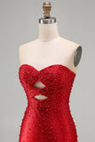Glinsterende rode bodycon bodycon strapless homecoming jurk met parel met kralen