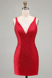 Sprankelende rode Bodycon V-hals parelkralen korte homecomingjurk