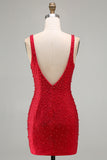Sprankelende rode Bodycon V-hals parelkralen korte homecomingjurk