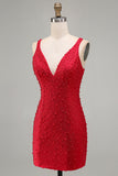 Sprankelende rode Bodycon V-hals parelkralen korte homecomingjurk