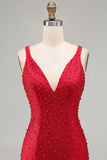 Sprankelende rode Bodycon V-hals parelkralen korte homecomingjurk