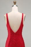 Sprankelende rode Bodycon V-hals parelkralen korte homecomingjurk