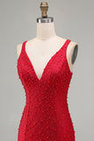 Sprankelende rode Bodycon V-hals parelkralen korte homecomingjurk