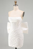 Wit korset kant bodycon strapless korte homecomingjurk met grote strik