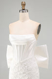 Wit korset kant bodycon strapless korte homecomingjurk met grote strik