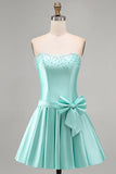Mint satijn kralenbezette A-lijn strapless parel homecoming jurk met strik