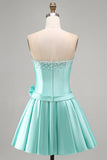Mint satijn kralenbezette A-lijn strapless parel homecoming jurk met strik