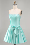 Mint satijn kralenbezette A-lijn strapless parel homecoming jurk met strik
