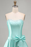 Mint satijn kralenbezette A-lijn strapless parel homecoming jurk met strik