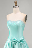 Mint satijn kralenbezette A-lijn strapless parel homecoming jurk met strik