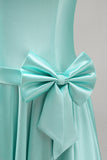 Mint satijn kralenbezette A-lijn strapless parel homecoming jurk met strik