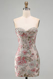 Roze Bloem Jacquard Korset Bodycon Pailletten Strapless Korte Homecoming Jurk
